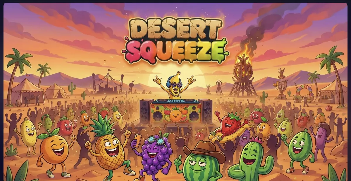 Desert Squeeze slot banner showing desert party fruit characters including cherry, grape, pineapple, and watermelon
