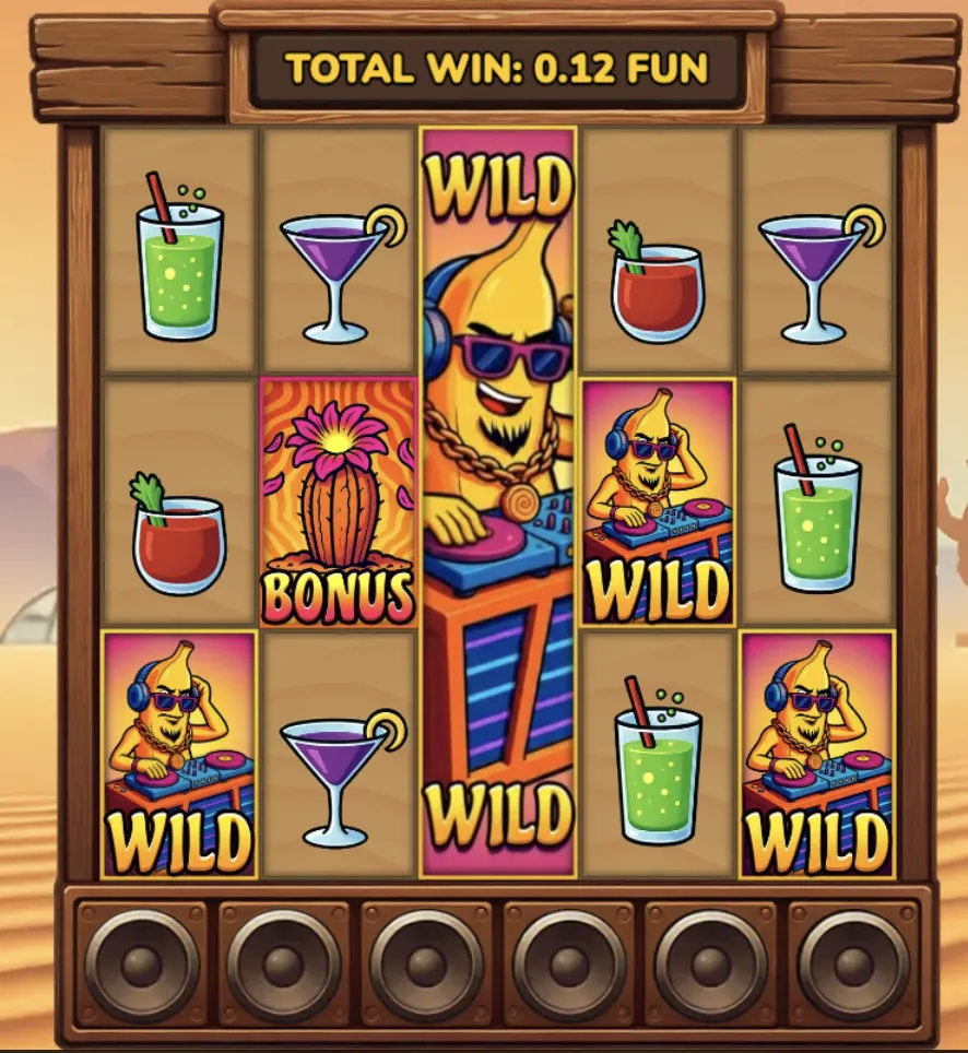 Desert Squeeze slot Free Spins round with multiple wild DJ Banana symbols filling the reels