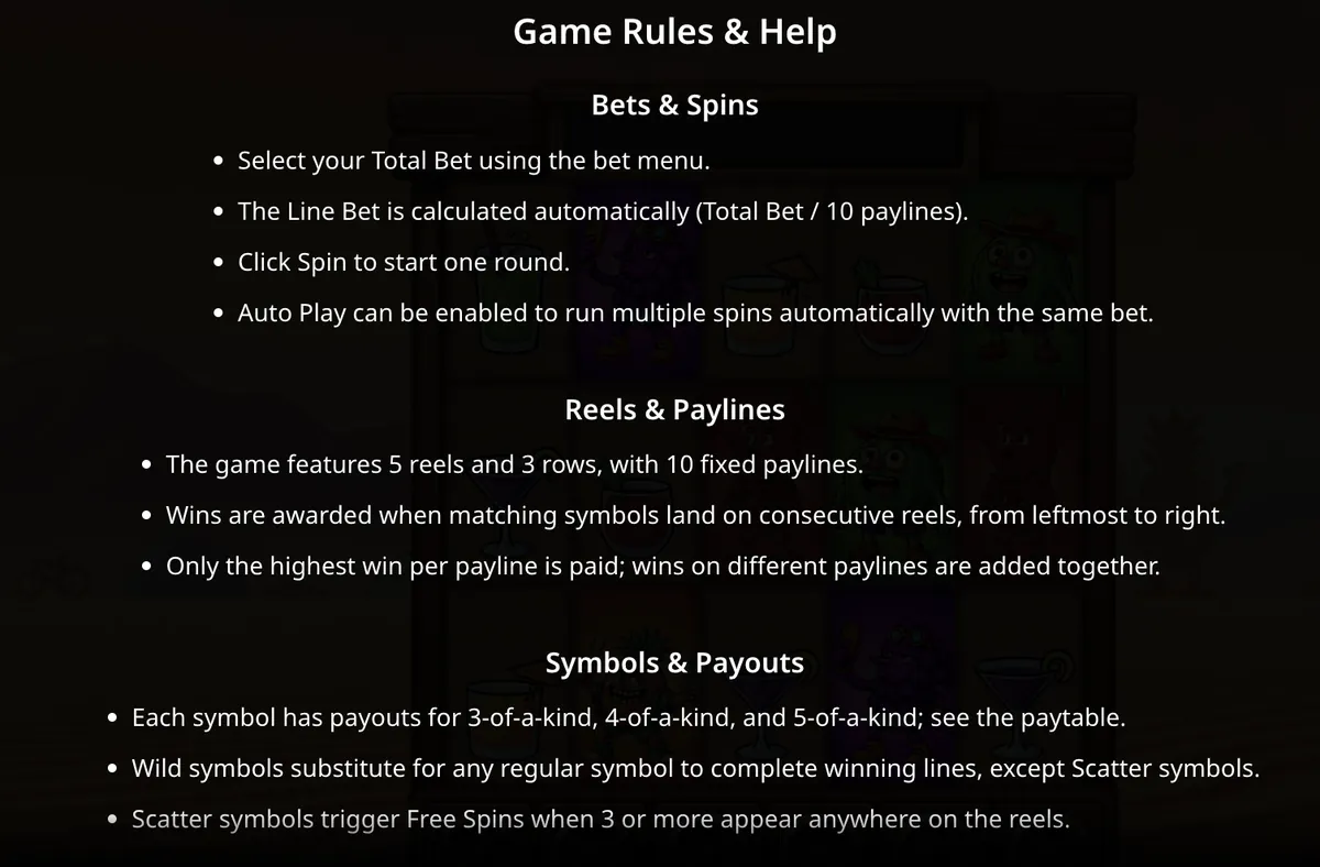 Desert Squeeze slot game rules screen showing bet range, reel structure, and payline information