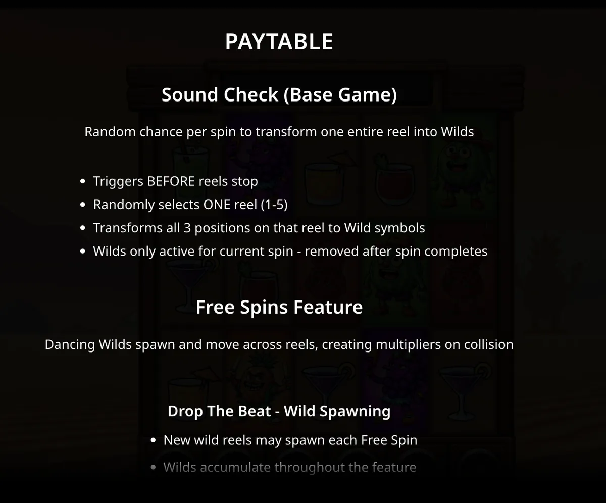 Desert Squeeze slot paytable showing Sound Check base game and Free Spins features