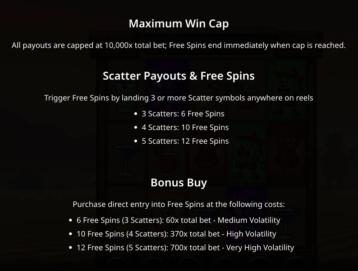 Desert Squeeze slot paytable showing scatter symbol payouts and Bonus Buy pricing information