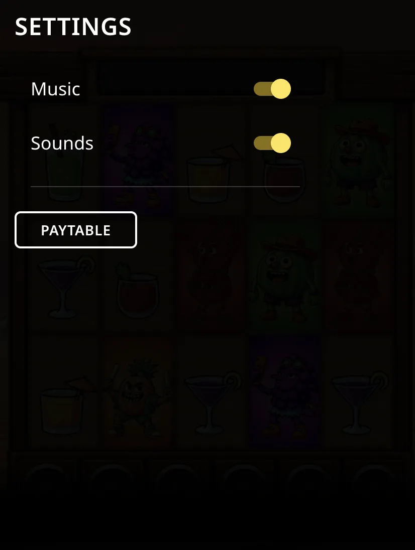 Desert Squeeze slot settings menu showing sound and music toggle options